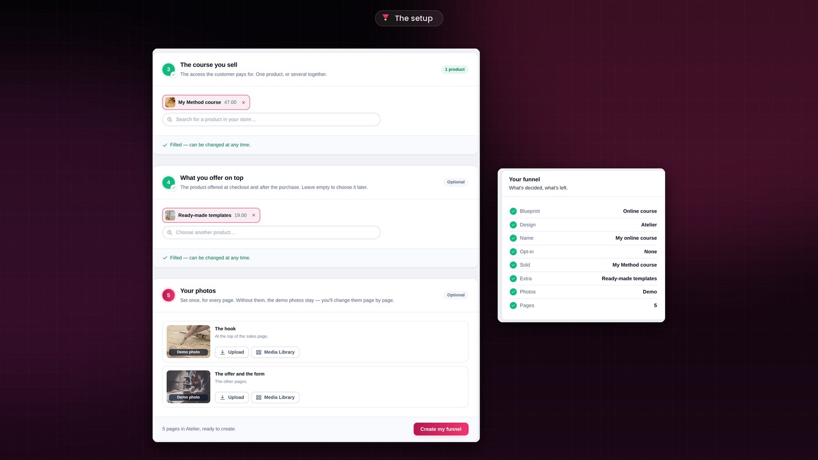 The third step of the FunnelCart wizard, The setup: the course sold, My Method course at €47, the product offered on top, Ready-made templates at €19, the photos, the Create my funnel button, and the Your funnel summary.