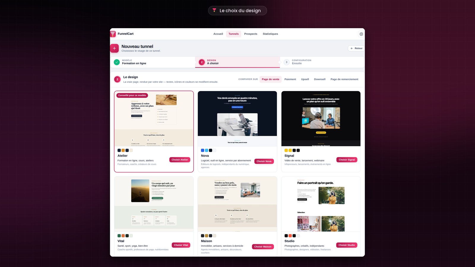 Le deuxième pas de l’assistant FunnelCart, Le design : les thèmes Atelier, conseillé pour le modèle Formation en ligne, Nova, Signal, Vital, Maison et Studio, chacun avec l’aperçu réel de sa page de vente, sa palette et un bouton pour le choisir.
