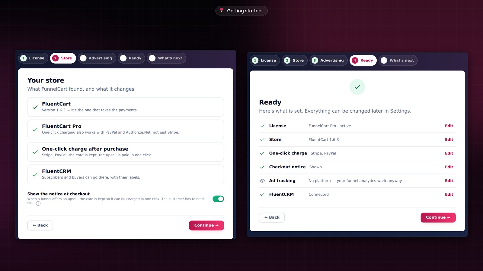 FunnelCart setup: the Your store screen with FluentCart, FluentCart Pro, one-click charge after purchase and FluentCRM all checked, then the Ready screen summarizing the license, the store, one-click charge, the checkout notice, ad tracking and FluentCRM.