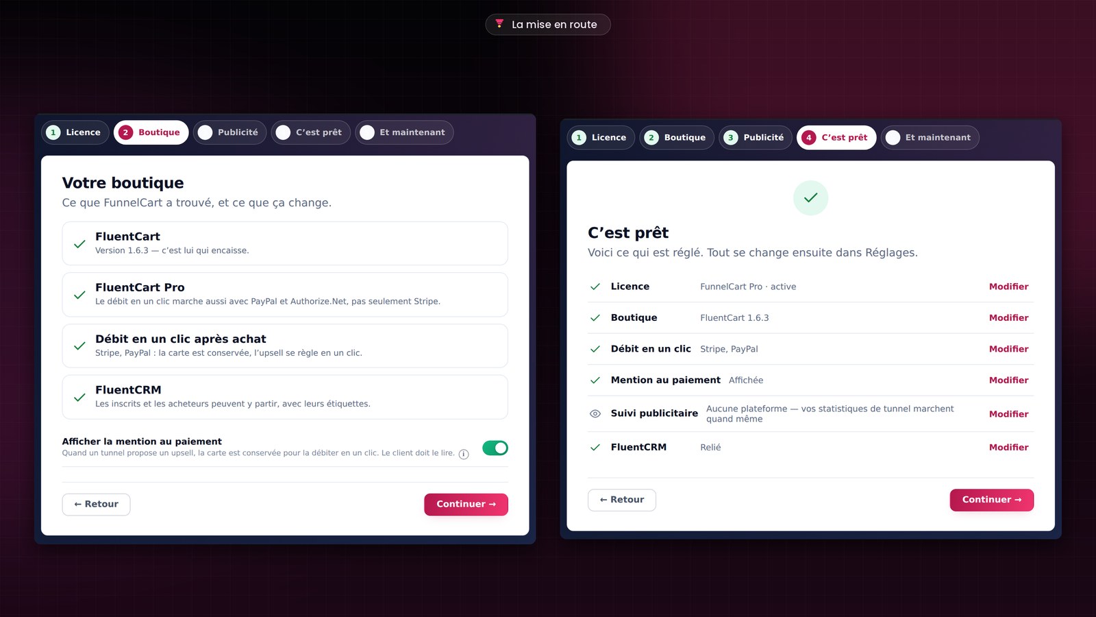 La mise en route de FunnelCart : l’écran Votre boutique, avec FluentCart, FluentCart Pro, le débit en un clic après achat et FluentCRM validés, puis l’écran C’est prêt qui récapitule la licence, la boutique, le débit en un clic, la mention au paiement, le suivi publicitaire et FluentCRM.