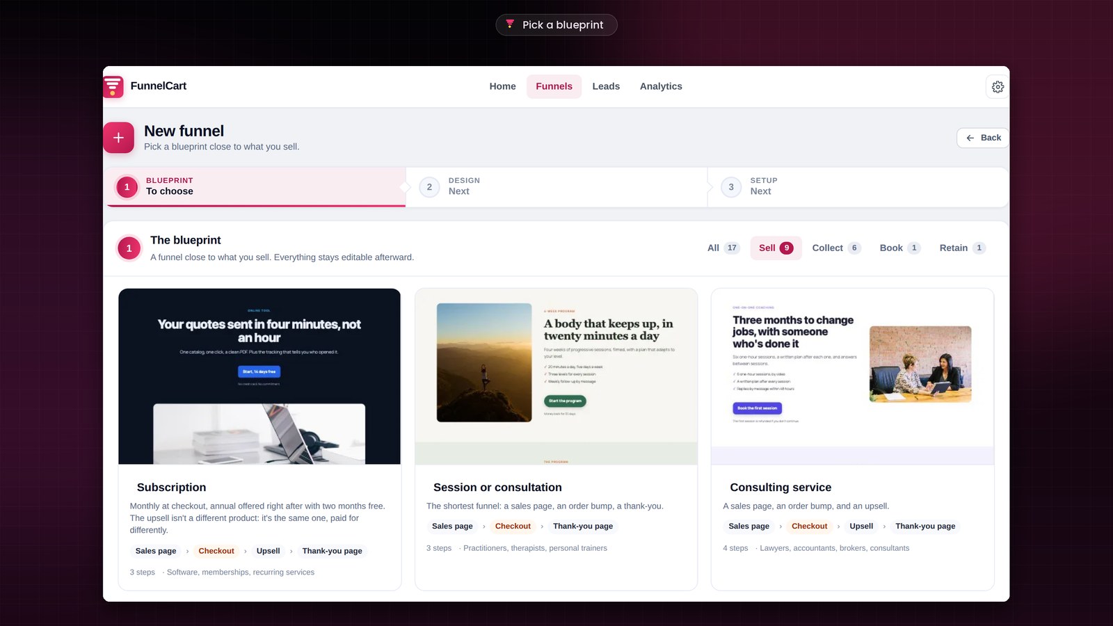 The first step of the FunnelCart wizard, The blueprint: the All, Sell, Collect, Book and Retain tabs, and the Subscription, Session or consultation and Consulting service blueprints, each with a preview of its first page and its sequence of steps.