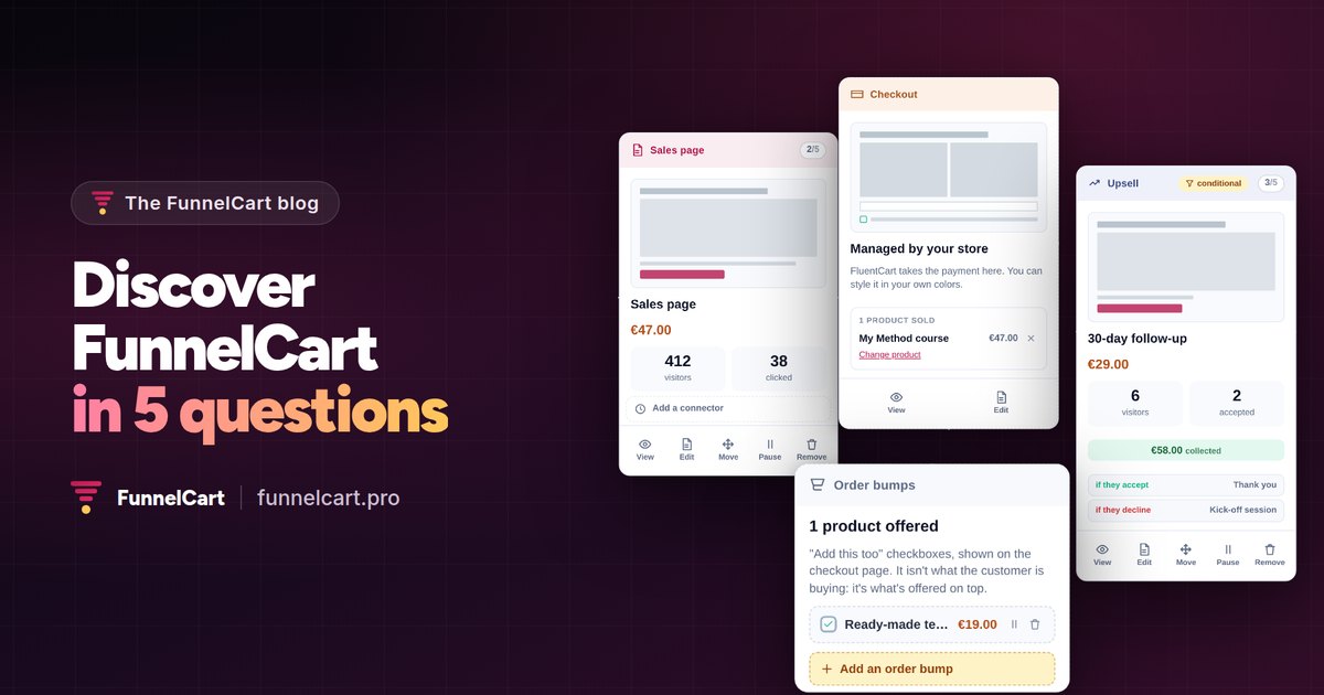 Discover FunnelCart in 5 questions: the steps of a FunnelCart funnel, sales page, checkout, upsell and order bump.