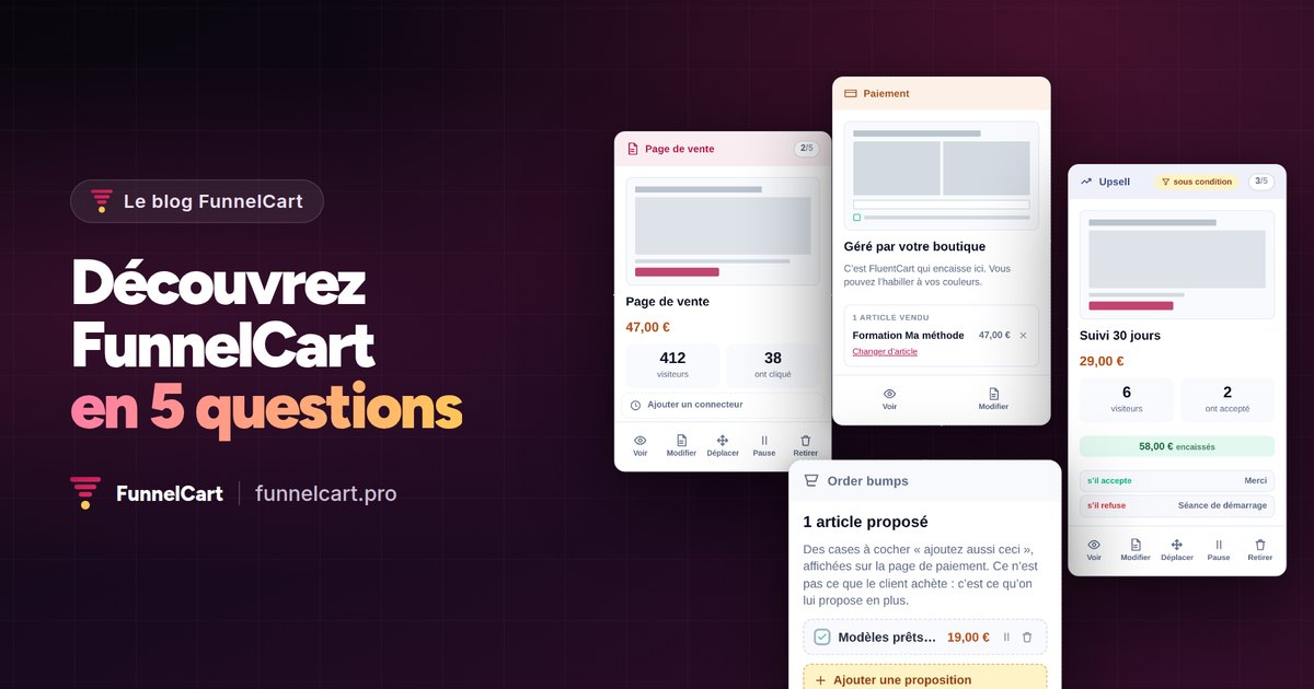 Découvrez FunnelCart en 5 questions : les étapes d’un tunnel FunnelCart, page de vente, paiement, upsell et order bump.