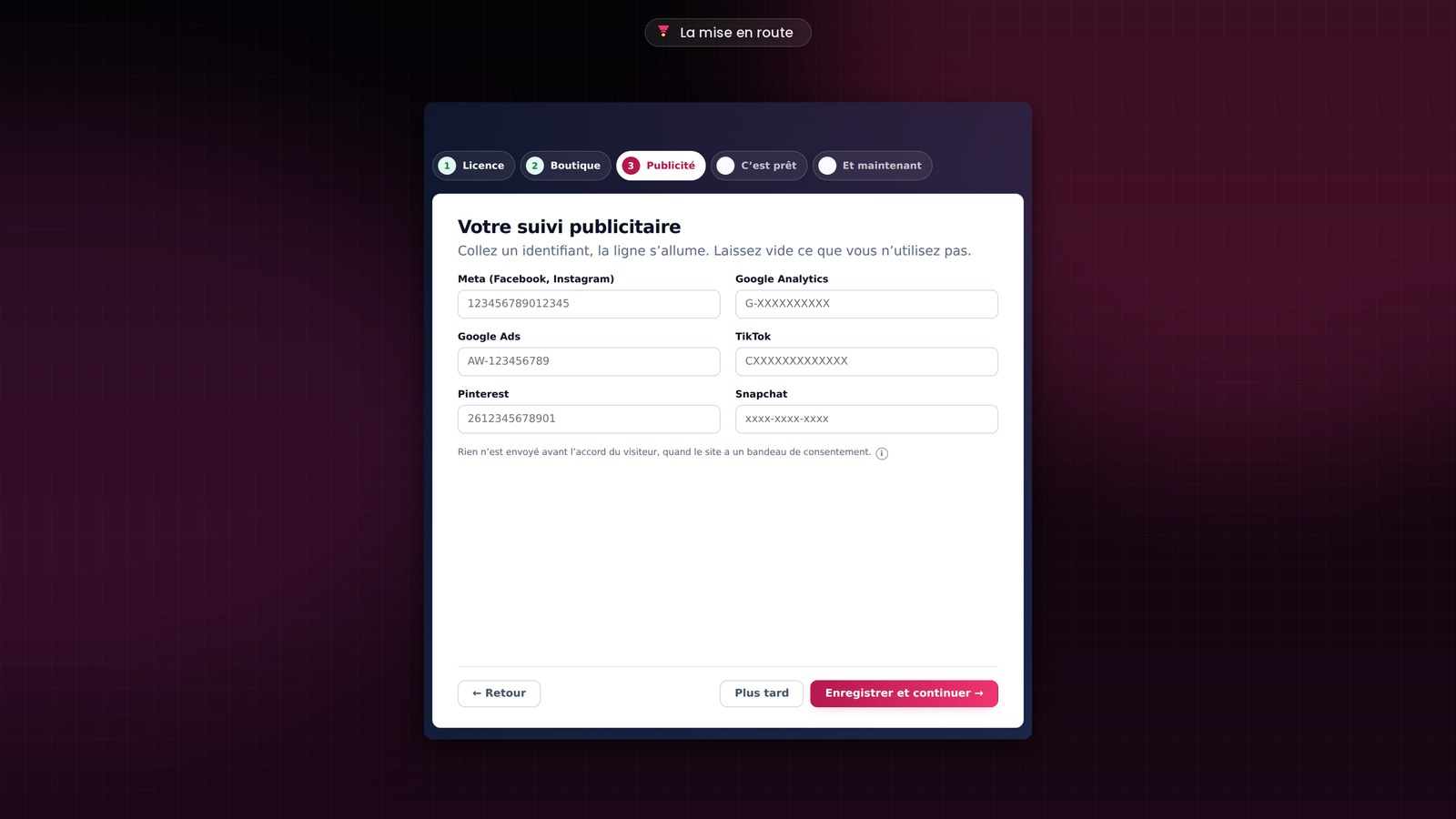 La mise en route de FunnelCart en pleine page : les cinq étapes en haut, l’écran du suivi publicitaire et les boutons en bas de la carte.