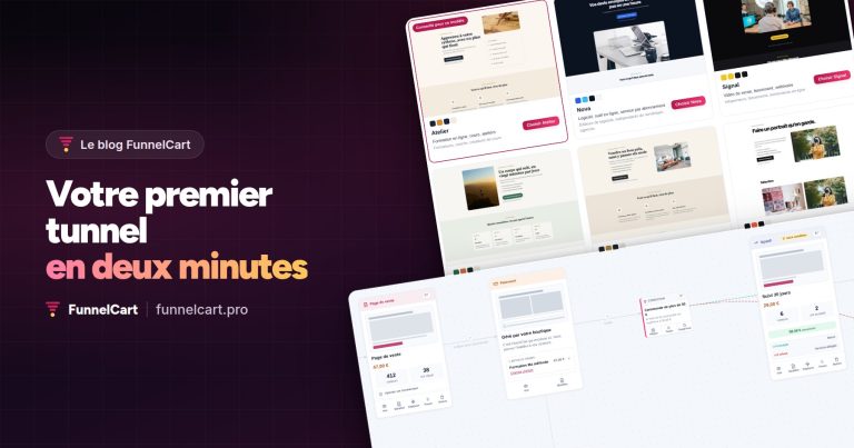 Votre premier tunnel en deux minutes : les thèmes de l’assistant FunnelCart et, dessous, le plan d’un tunnel avec ses étapes, de la page de vente à l’upsell.