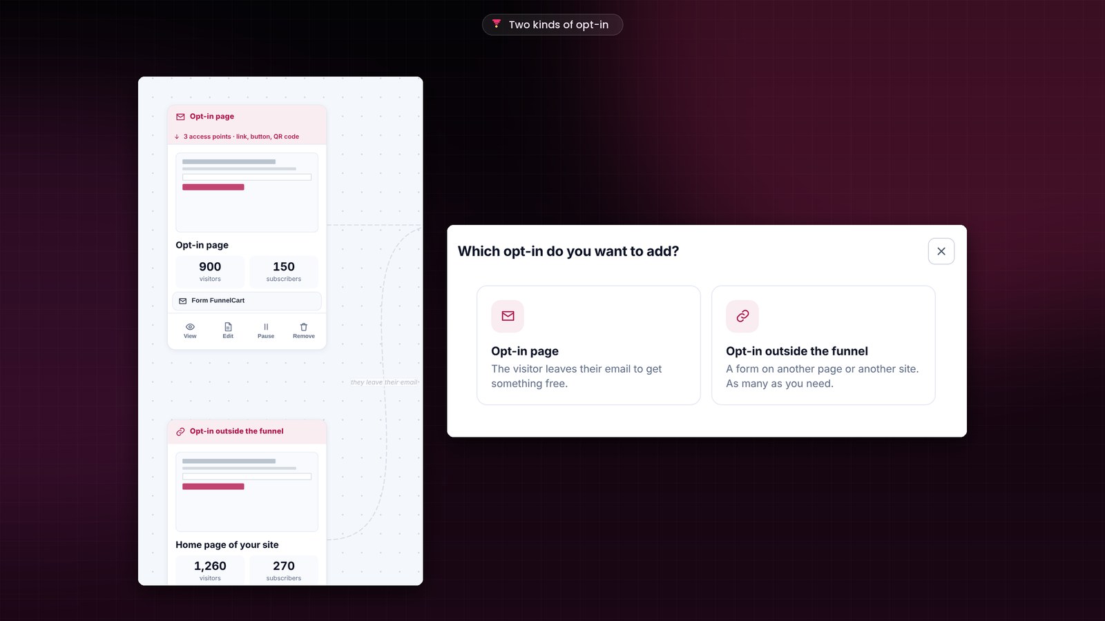 The Which opt-in do you want to add? window in FunnelCart: Opt-in page, where the visitor leaves their email, or Opt-in outside the funnel, a form on another page or another site.