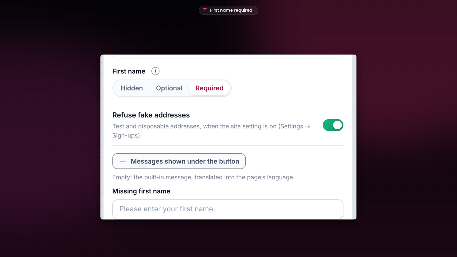 First name set to Required on a FunnelCart opt-in page