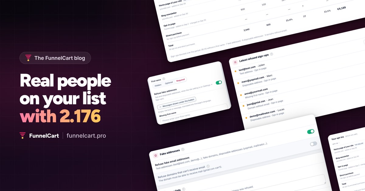 FunnelCart 2.176: real people on your list, with the real screens of the required first name, refused sign-ups and blocked sign-ups.